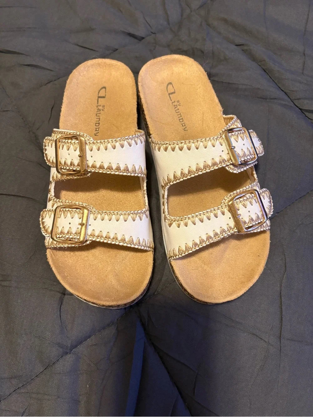Laundry By Shelli Segal Kids Cream Double-Buckle Slide Sandals with Gold Accents
